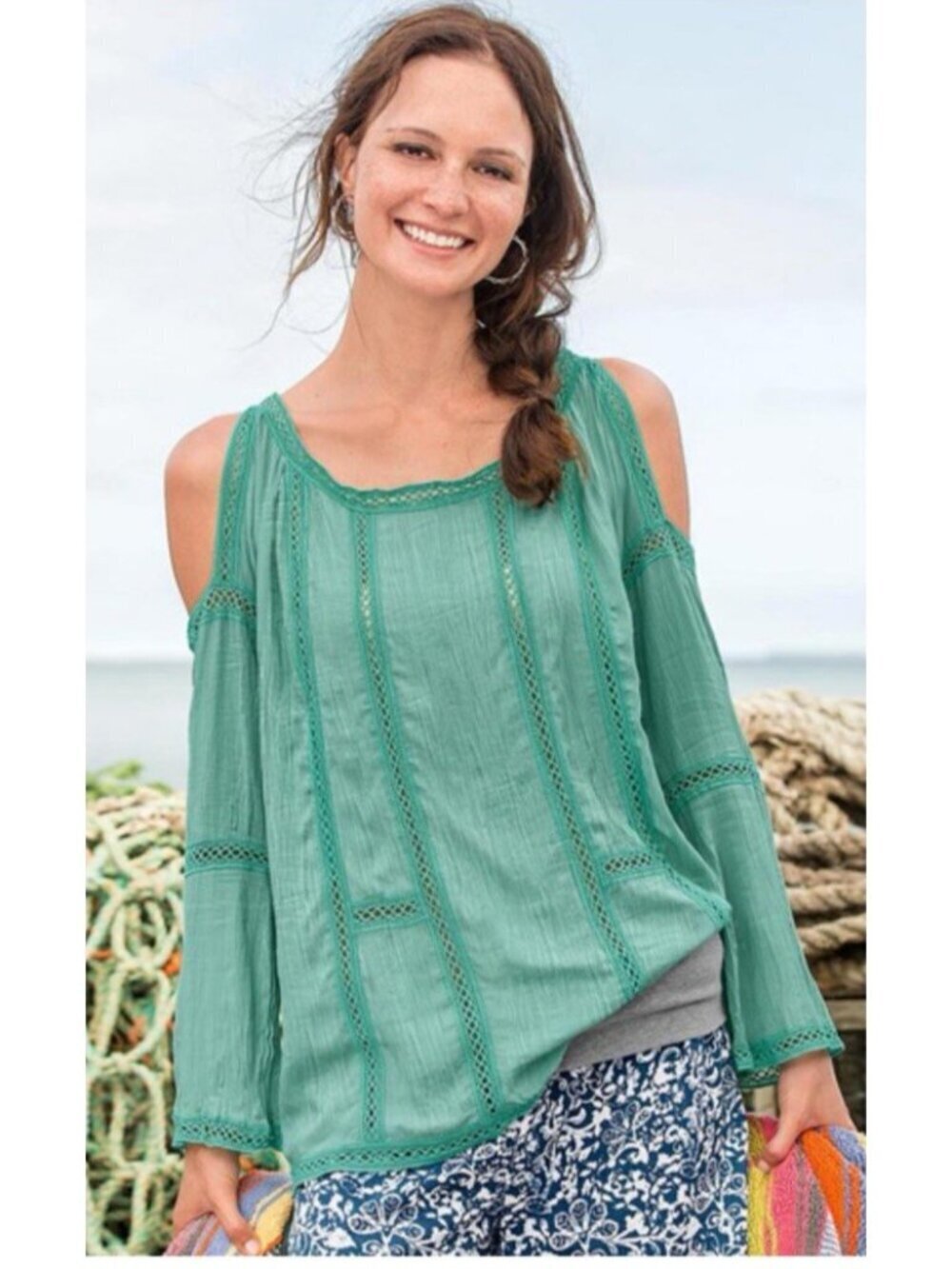 NWT Sundance BOHO Cottagecore Top Women Sz XL Green Crochet Cold Shoulder Casual